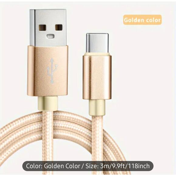 New Gold Nylon Braided USB to Type C Data Cable High Speed Transfer Safe Charge - Picture 1 of 6